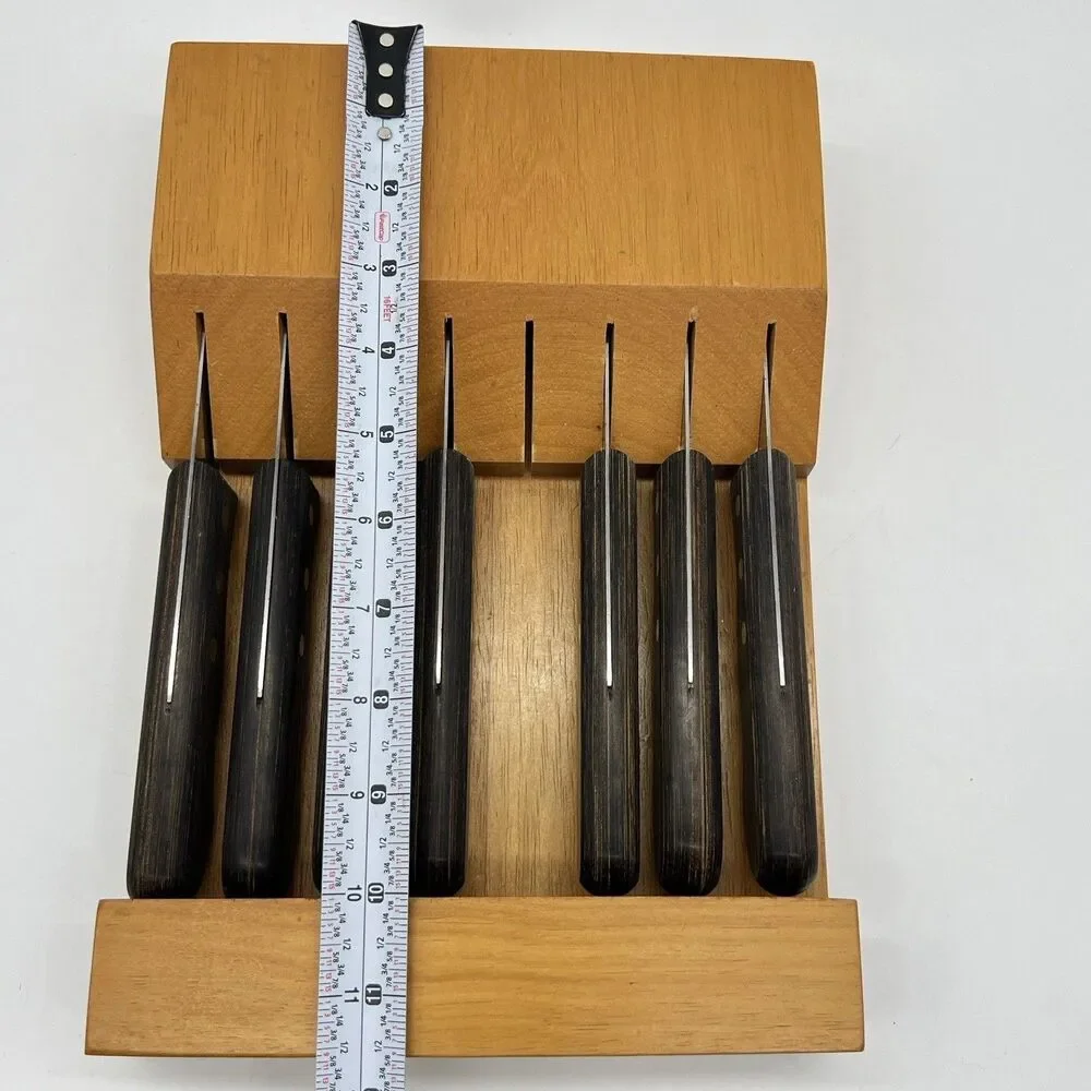 Set (7) TRAMONTINA Porterhouse SERRATED STEAK KNIVES w/ WOODEN WALL Hang/Drawer